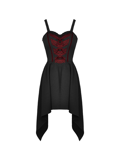Gothic Style Retro Lace Neckline Red Velvet Bowknot Decoration Elegant Suspender Black Short Dress