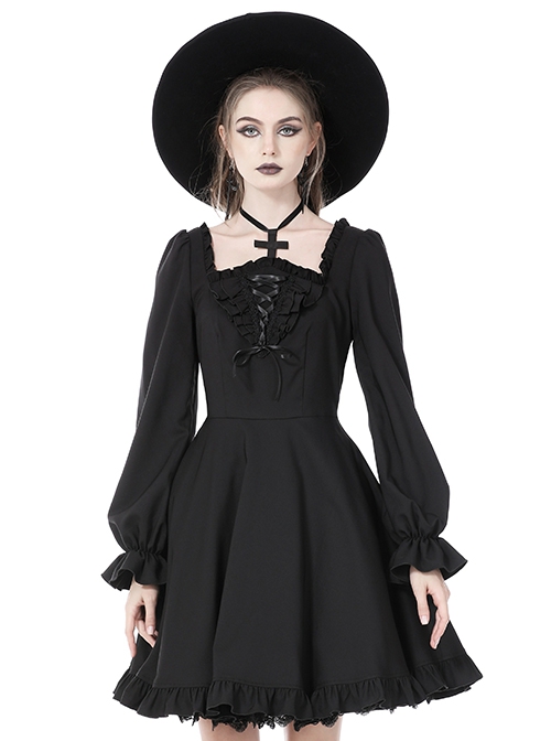 Gothic Style Cross Halter Neck Design Ruffles On The Chest Sexy Backless Black Long Sleeves Short Dress