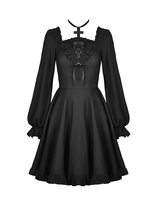 Gothic Style Cross Halter Neck Design Ruffles On The Chest Sexy Backless Black Long Sleeves Short Dress