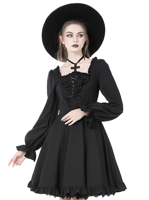 Gothic Style Cross Halter Neck Design Ruffles On The Chest Sexy Backless Black Long Sleeves Short Dress