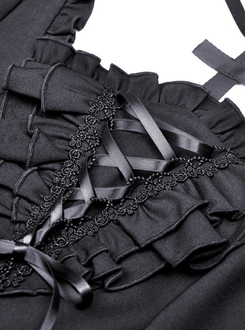 Gothic Style Cross Halter Neck Design Ruffles On The Chest Sexy Backless Black Long Sleeves Short Dress