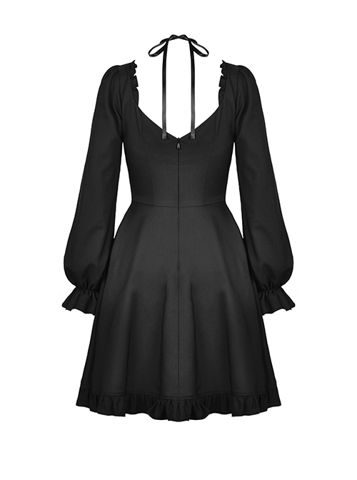 Gothic Style Cross Halter Neck Design Ruffles On The Chest Sexy Backless Black Long Sleeves Short Dress