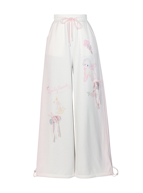 Angel Lamb Print Sporty Style White Daily Casual Versatile Kawaii Fashion Loose Straight Tube Wide Leg Pants