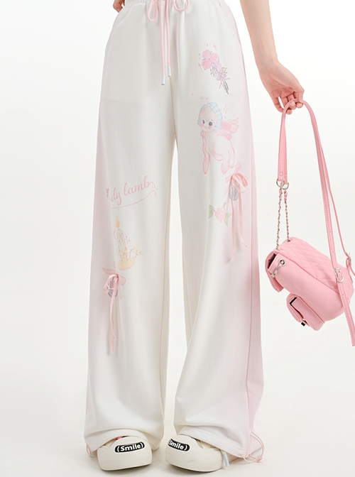 Angel Lamb Print Sporty Style White Daily Casual Versatile Kawaii Fashion Loose Straight Tube Wide Leg Pants