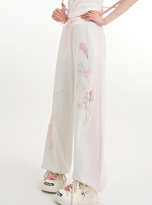 Angel Lamb Print Sporty Style White Daily Casual Versatile Kawaii Fashion Loose Straight Tube Wide Leg Pants
