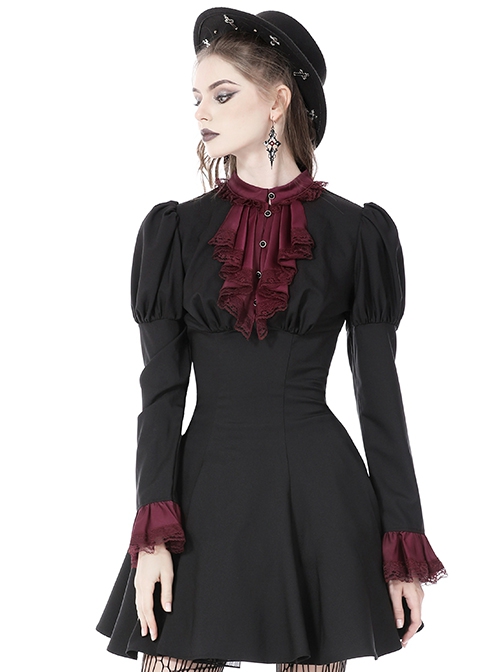 Dark Gothic Style Retro Burgundy Frill Collar Palace Puff Long Sleeves Black Slim Short Dress