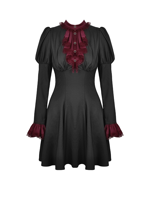 Dark Gothic Style Retro Burgundy Frill Collar Palace Puff Long Sleeves Black Slim Short Dress
