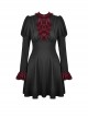Dark Gothic Style Retro Burgundy Frill Collar Palace Puff Long Sleeves Black Slim Short Dress