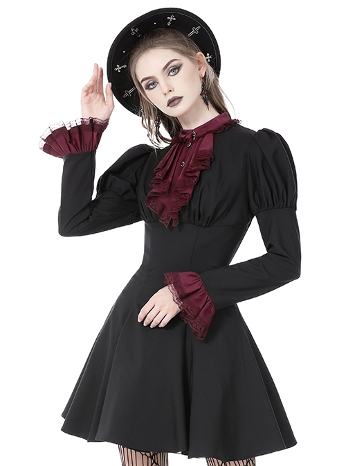 Dark Gothic Style Retro Burgundy Frill Collar Palace Puff Long Sleeves Black Slim Short Dress