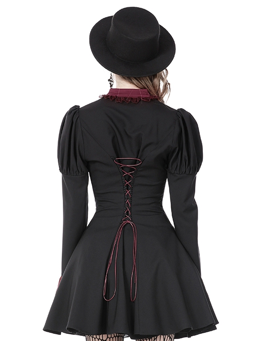 Dark Gothic Style Retro Burgundy Frill Collar Palace Puff Long Sleeves Black Slim Short Dress