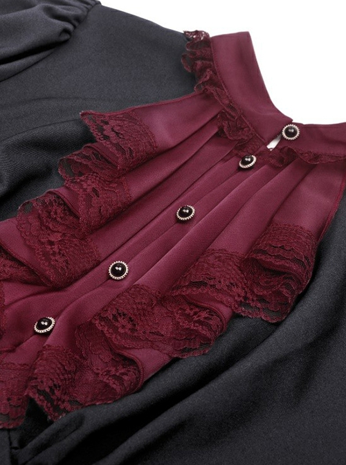 Dark Gothic Style Retro Burgundy Frill Collar Palace Puff Long Sleeves Black Slim Short Dress