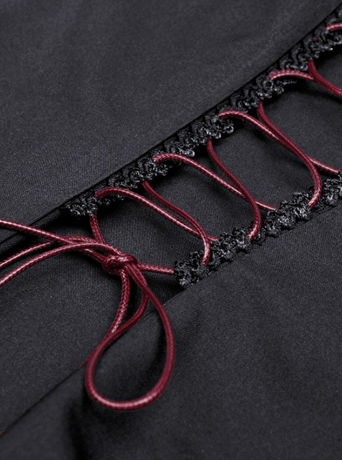 Dark Gothic Style Retro Burgundy Frill Collar Palace Puff Long Sleeves Black Slim Short Dress