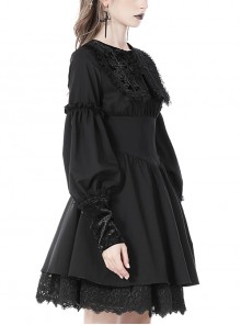 Dark Gothic Style Gorgeous Velvet Lace Cross Coffin Collar Black Retro Puff Long Sleeves Short Dress