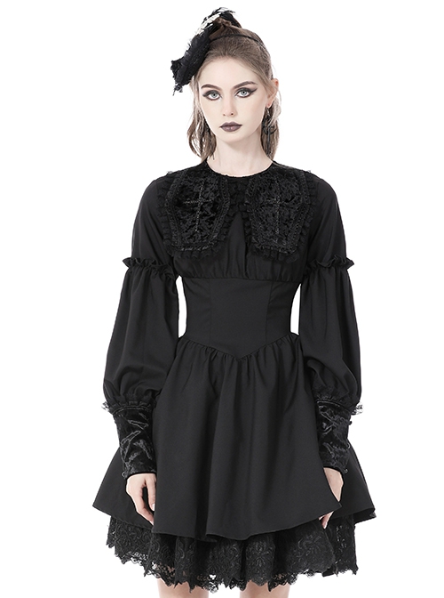 Dark Gothic Style Gorgeous Velvet Lace Cross Coffin Collar Black Retro Puff Long Sleeves Short Dress