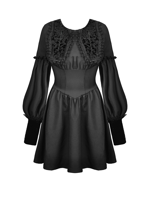 Dark Gothic Style Gorgeous Velvet Lace Cross Coffin Collar Black Retro Puff Long Sleeves Short Dress