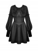 Dark Gothic Style Gorgeous Velvet Lace Cross Coffin Collar Black Retro Puff Long Sleeves Short Dress