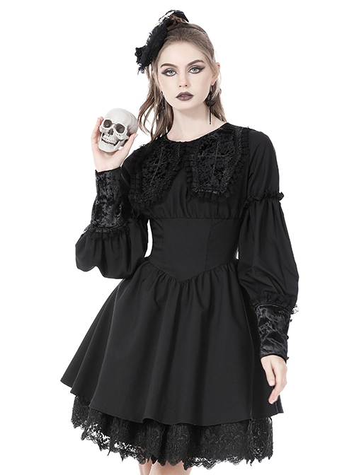 Dark Gothic Style Gorgeous Velvet Lace Cross Coffin Collar Black Retro Puff Long Sleeves Short Dress