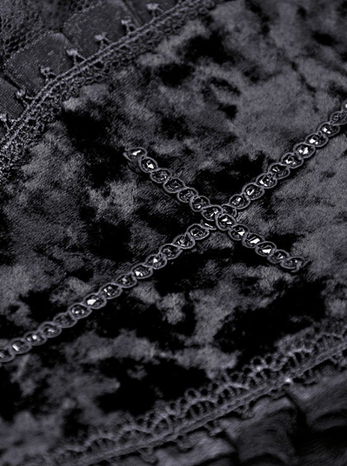 Dark Gothic Style Gorgeous Velvet Lace Cross Coffin Collar Black Retro Puff Long Sleeves Short Dress
