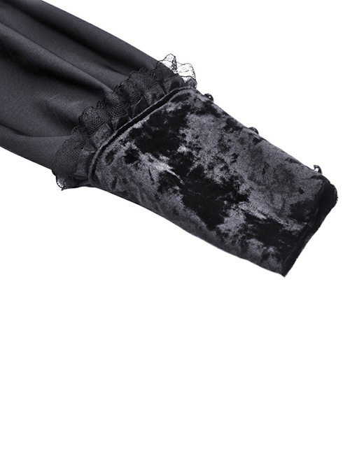 Dark Gothic Style Gorgeous Velvet Lace Cross Coffin Collar Black Retro Puff Long Sleeves Short Dress