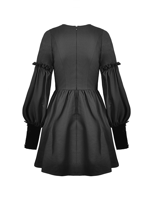 Dark Gothic Style Gorgeous Velvet Lace Cross Coffin Collar Black Retro Puff Long Sleeves Short Dress