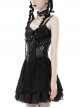 Punk Style Spider Web Gauze Dark Pattern Sexy See Through Lace Cross Decorate Black Suspender Mini Dress