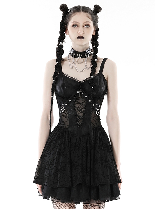 Punk Style Spider Web Gauze Dark Pattern Sexy See Through Lace Cross Decorate Black Suspender Mini Dress