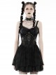 Punk Style Spider Web Gauze Dark Pattern Sexy See Through Lace Cross Decorate Black Suspender Mini Dress