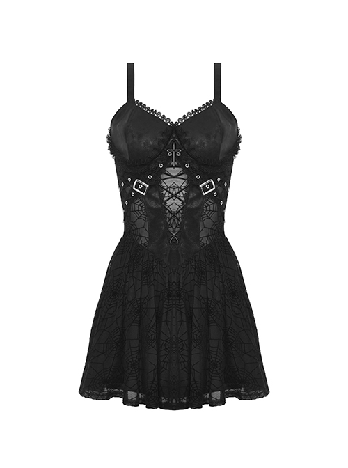 Punk Style Spider Web Gauze Dark Pattern Sexy See Through Lace Cross Decorate Black Suspender Mini Dress