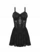 Punk Style Spider Web Gauze Dark Pattern Sexy See Through Lace Cross Decorate Black Suspender Mini Dress