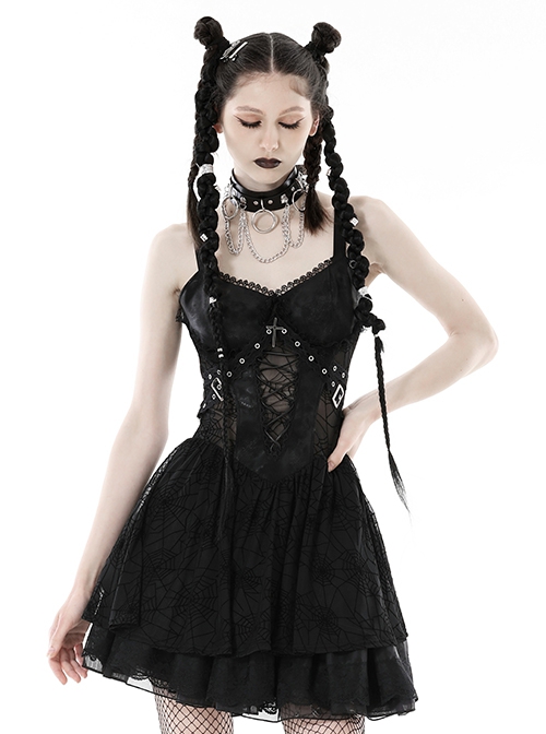 Punk Style Spider Web Gauze Dark Pattern Sexy See Through Lace Cross Decorate Black Suspender Mini Dress