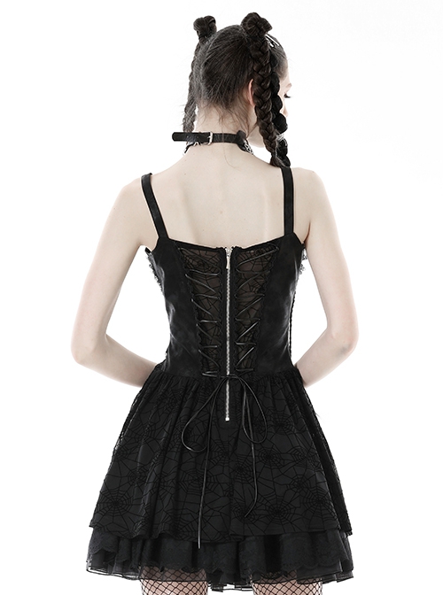 Punk Style Spider Web Gauze Dark Pattern Sexy See Through Lace Cross Decorate Black Suspender Mini Dress