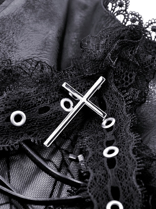 Punk Style Spider Web Gauze Dark Pattern Sexy See Through Lace Cross Decorate Black Suspender Mini Dress