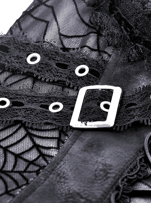 Punk Style Spider Web Gauze Dark Pattern Sexy See Through Lace Cross Decorate Black Suspender Mini Dress