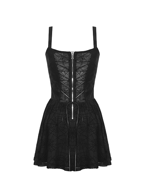 Punk Style Spider Web Gauze Dark Pattern Sexy See Through Lace Cross Decorate Black Suspender Mini Dress