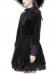 Gothic Witch Style Retro Black Velvet Purple Shirt Collar Elegant Black Long Sleeves Short Dress