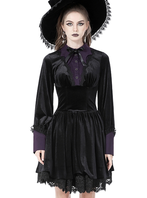 Gothic Witch Style Retro Black Velvet Purple Shirt Collar Elegant Black Long Sleeves Short Dress