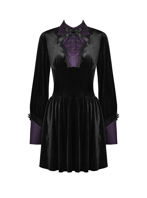 Gothic Witch Style Retro Black Velvet Purple Shirt Collar Elegant Black Long Sleeves Short Dress