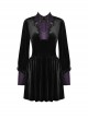 Gothic Witch Style Retro Black Velvet Purple Shirt Collar Elegant Black Long Sleeves Short Dress