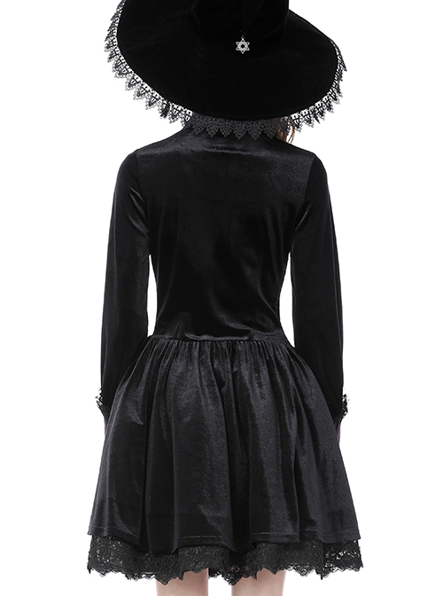 Gothic Witch Style Retro Black Velvet Purple Shirt Collar Elegant Black Long Sleeves Short Dress