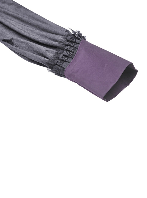 Gothic Witch Style Retro Black Velvet Purple Shirt Collar Elegant Black Long Sleeves Short Dress