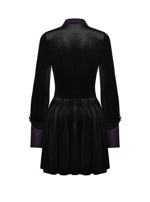 Gothic Witch Style Retro Black Velvet Purple Shirt Collar Elegant Black Long Sleeves Short Dress