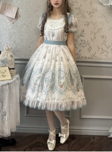 Night Rose Series Palace Style Lace Bowknot Retro Elegant Sweet Flower Wall Print Classic Lolita Puff Sleeve Short Dress