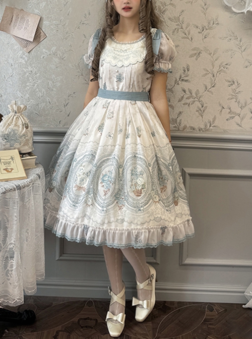 Night Rose Series Palace Style Lace Bowknot Retro Elegant Sweet Flower Wall Print Classic Lolita Puff Sleeve Short Dress