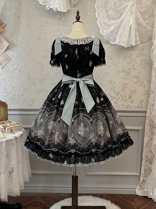 Night Rose Series Palace Style Lace Bowknot Retro Elegant Sweet Flower Wall Print Classic Lolita Puff Sleeve Short Dress