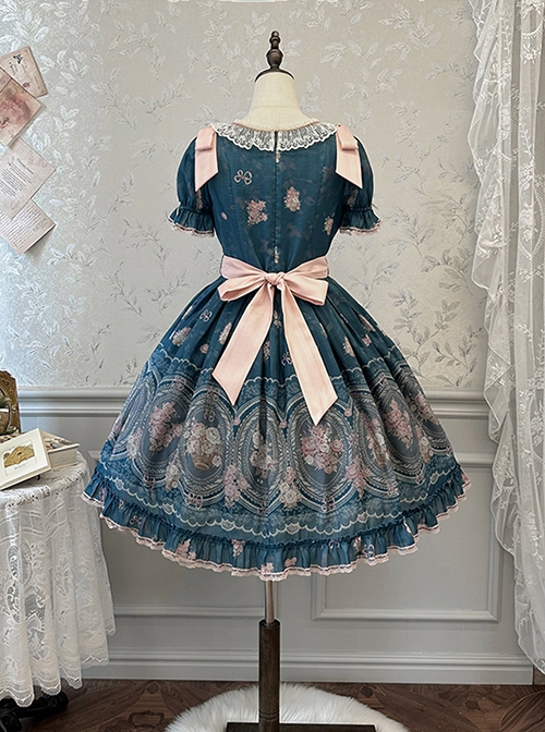 Night Rose Series Palace Style Lace Bowknot Retro Elegant Sweet Flower Wall Print Classic Lolita Puff Sleeve Short Dress