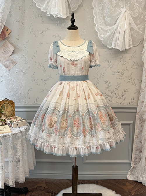 Night Rose Series Palace Style Lace Bowknot Retro Elegant Sweet Flower Wall Print Classic Lolita Puff Sleeve Short Dress