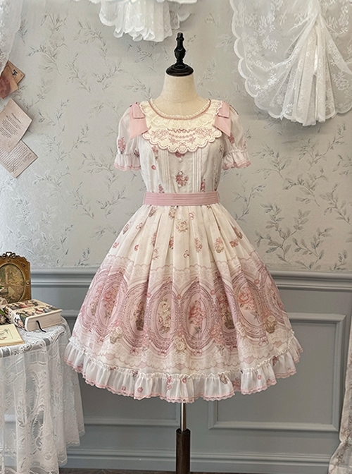 Night Rose Series Palace Style Lace Bowknot Retro Elegant Sweet Flower Wall Print Classic Lolita Puff Sleeve Short Dress