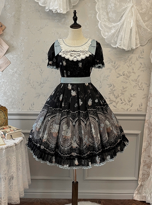 Night Rose Series Palace Style Lace Bowknot Retro Elegant Sweet Flower Wall Print Classic Lolita Puff Sleeve Short Dress