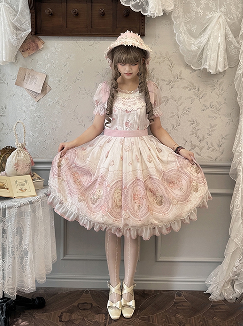 Night Rose Series Palace Style Lace Bowknot Retro Elegant Sweet Flower Wall Print Classic Lolita Puff Sleeve Short Dress