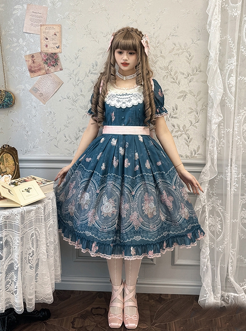 Night Rose Series Palace Style Lace Bowknot Retro Elegant Sweet Flower Wall Print Classic Lolita Puff Sleeve Short Dress